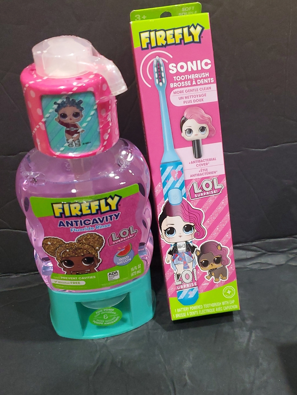 2pack L.O.L Firefly battery powered toothbrush and wild melon anticavity rinse